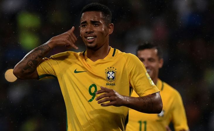 El brasileño Gabriel Jesús celebra su gol en la victoria 0-2 sobre Venezuela.