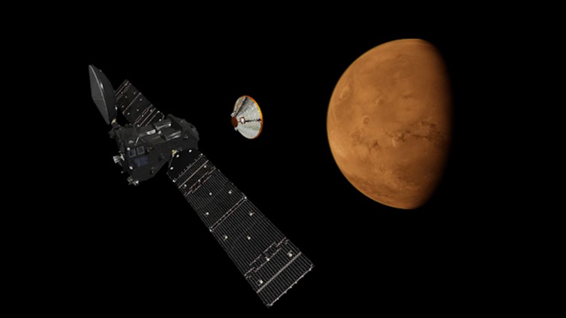 Una impresión artística de la separación del módulo Schiaparelli del Trace Gas Orbiter.