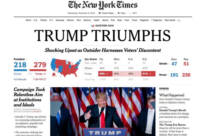 The New York Times: “Trump triunfa: un chocante descontento mientras el ‘outsider’ aprovecha el descontento de los votantes”.