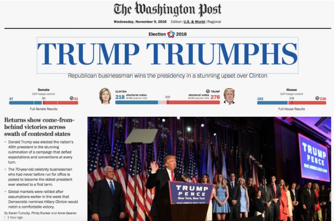 The Washington Post: “Trump triunfa: el empresario republicano gana la presidencia en una sorprendente decepción para Clinton”.