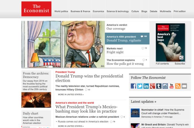 The Economist: “Donald Trump gana la elección presidencial. La estrella de televisión, que se volvió nominado republicano, derrotó a Hillary Clinton”.