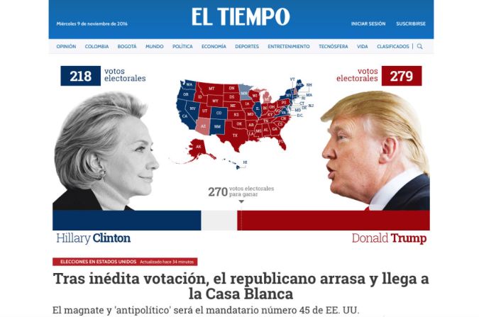 El Tiempo, Colombia: "Tras inédita votación, el republicano arrasa y llega a la Casa Blanca".