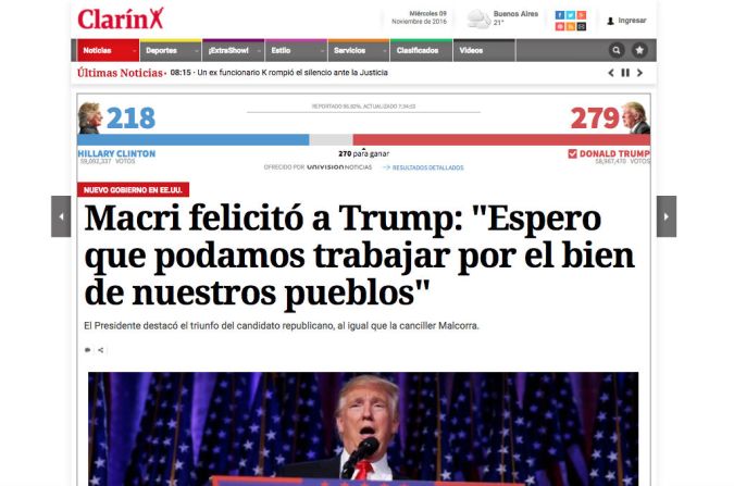 Clarin, Argentina: "Macri felicitó a Trump: ‘Espero que podamos trabajar por el bien de nuestros pueblos’".