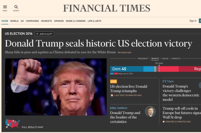 Financial Times: "Donald Trump sella victoria histórica en la elección de Estados Unidos"