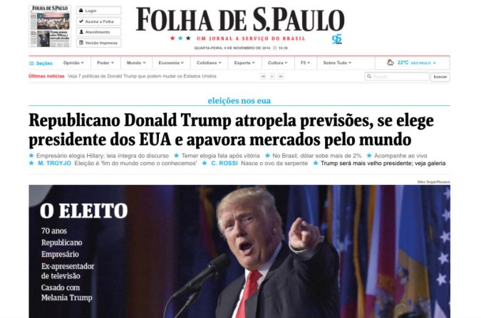 Folha de Sao Paulo, Brasil: "El republicano Donald Trump patea las previsiones, es elegido presidente y aterroriza los mercados del mundo".