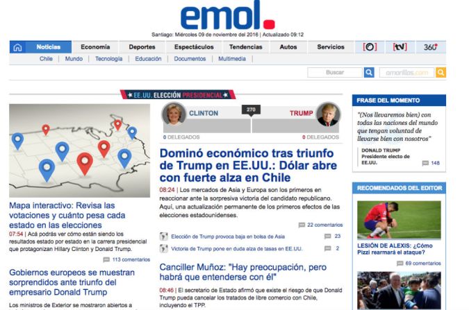 El Mercurio, Chile: “Dominó económico tras triunfo de Trump en EE.UU.: Dólar abre con fuerte alza en Chile”.