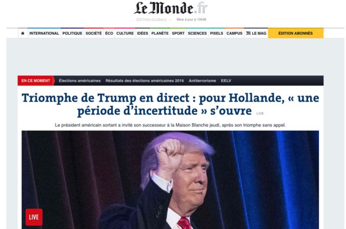 Le Monde, Francia: “Triunfo de Trump: para Hollande, se abre ‘un periodo de incertidumbre’”.