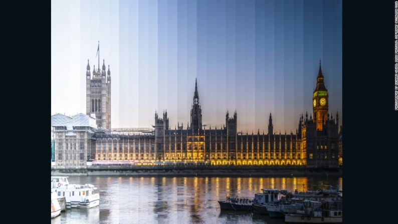 En esta foto llamada "Time Slice Global" el fotógrafo Richard Silver combina 36 imágenes de sitios famosos de Londres que muestran el paso del tiempo antes, durante y después del atardecer.