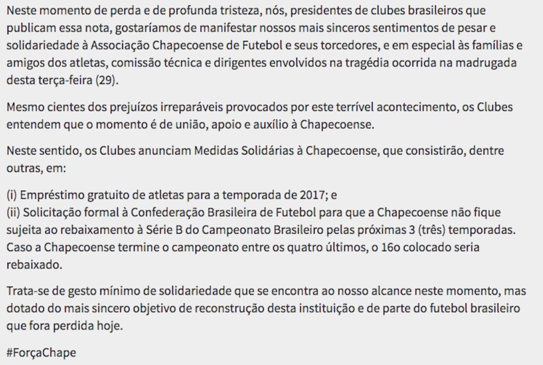 Comunicado publicado por varios clubes de fútbol de Brasil.