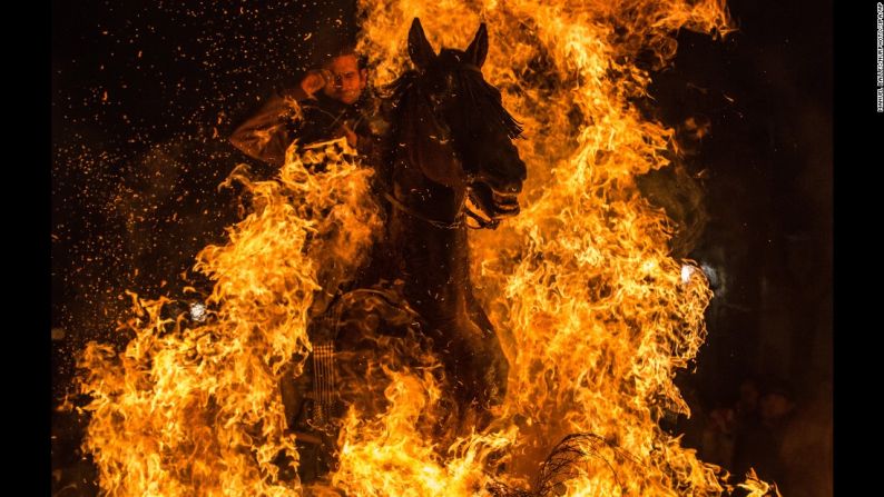 Enero 16: un jinete salta sobre una fogata durante el festival anual de Las Luminarias en San Bartolomé de Pinares, en España.