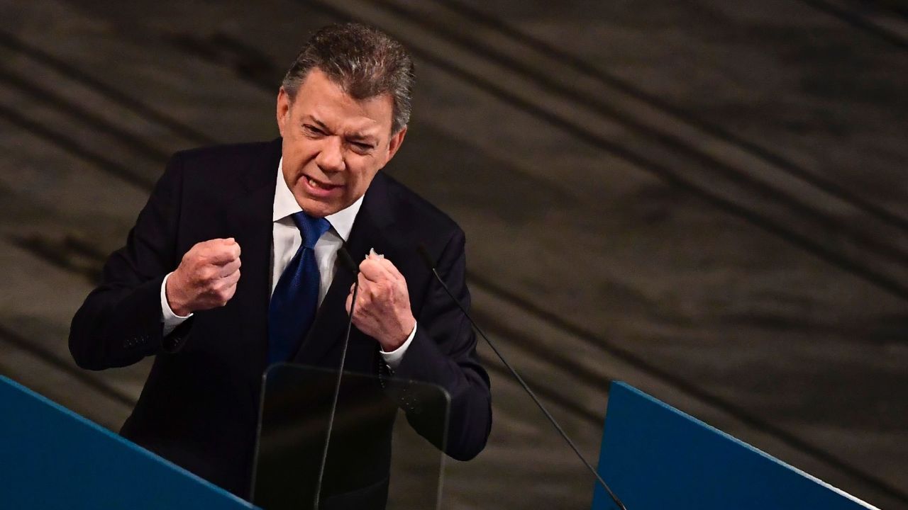 Colombia's President Juan Manuel Santos gives his acceptance speech during the award ceremony of the Nobel Peace Prize on December 10, 2016 in Oslo, Norway. 
Colombian President Juan Manuel Santos will be awarded this year's Nobel Peace Prize for his efforts to bring Colombia's more than 50-year-long civil war to an end. / AFP PHOTO / TOBIAS SCHWARZTOBIAS SCHWARZ/AFP/Getty Images