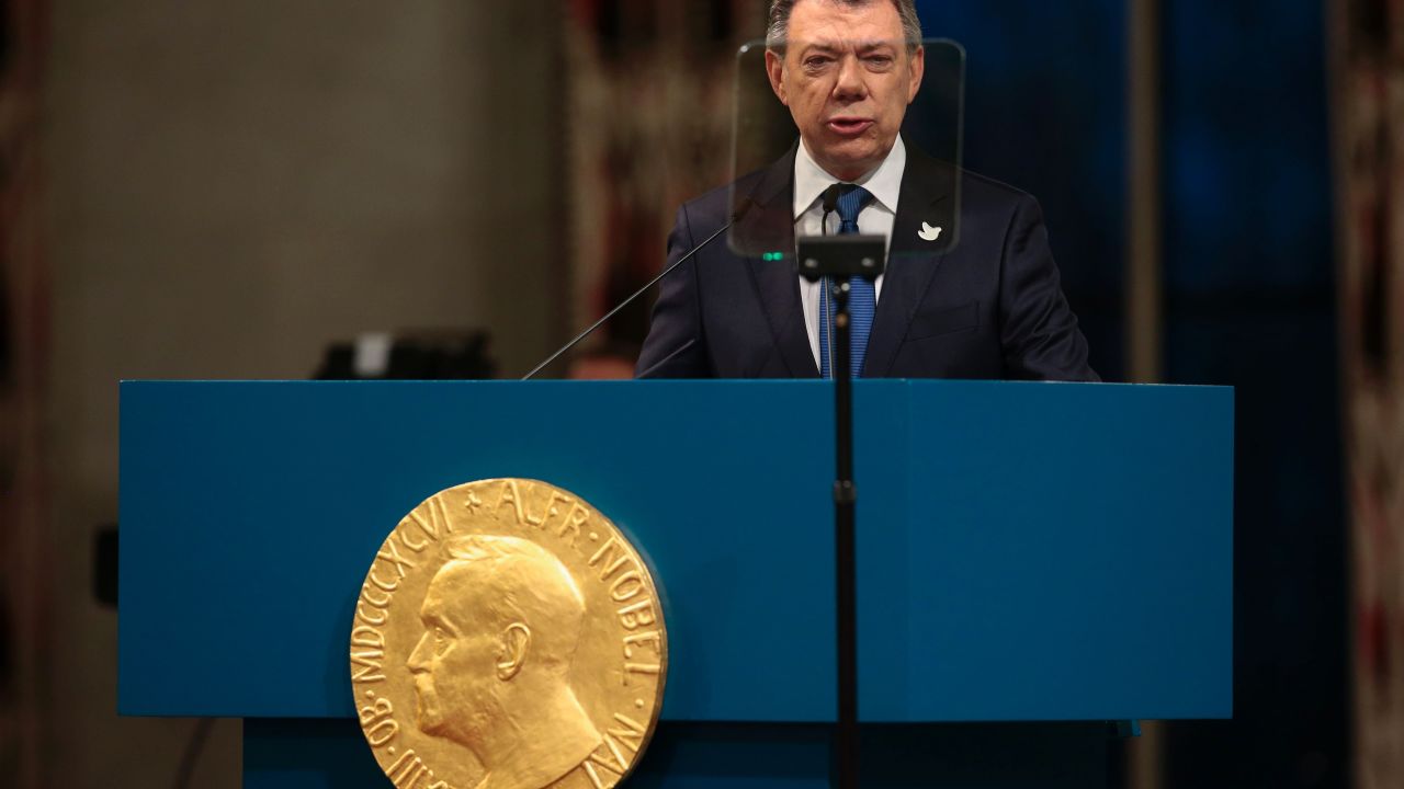 Colombia's President Juan Manuel Santos gives his acceptance speech during the award ceremony of the Nobel Peace Prize on December 10, 2016 in Oslo, Norway.
Colombian President Juan Manuel Santos was awarded this year's Nobel Peace Prize for his efforts to bring Colombia's more than 50-year-long civil war to an end. / AFP PHOTO / NTB SCANPIX / Haakon Mosvold Larsen / Norway OUTHAAKON MOSVOLD LARSEN/AFP/Getty Images