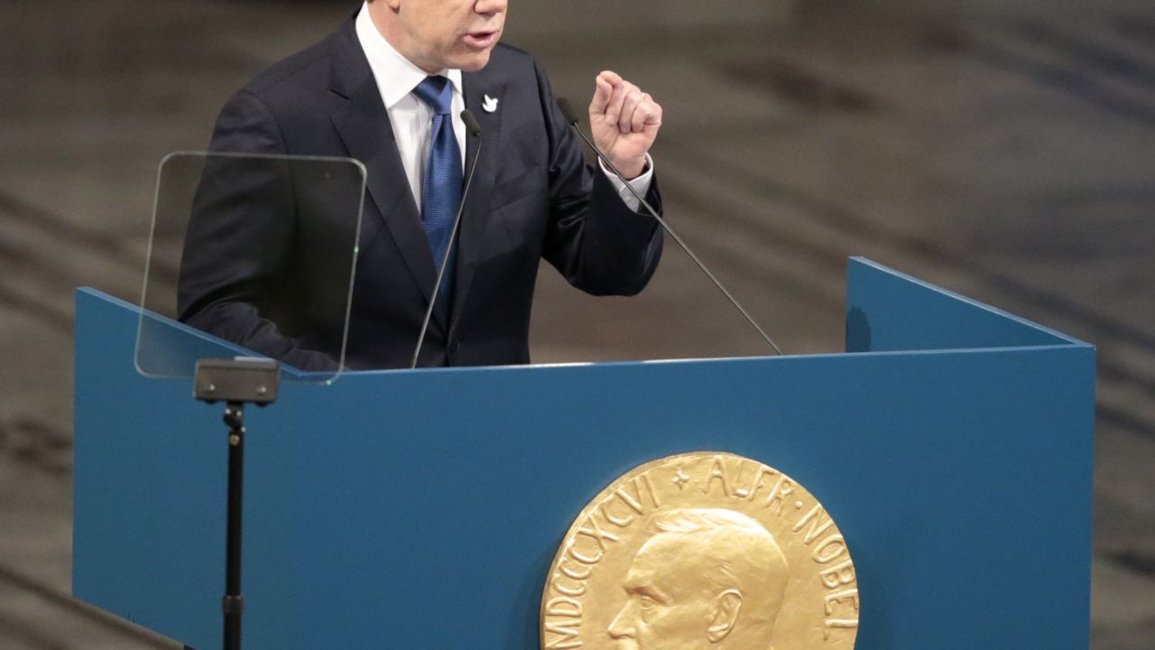 Colombia's President Juan Manuel Santos gives his acceptance speech during the award ceremony of the Nobel Peace Prize on December 10, 2016 in Oslo, Norway.
Colombian President Juan Manuel Santos was awarded this year's Nobel Peace Prize for his efforts to bring Colombia's more than 50-year-long civil war to an end. / AFP PHOTO / NTB SCANPIX / Lise Aserud / Norway OUTLISE ASERUD/AFP/Getty Images