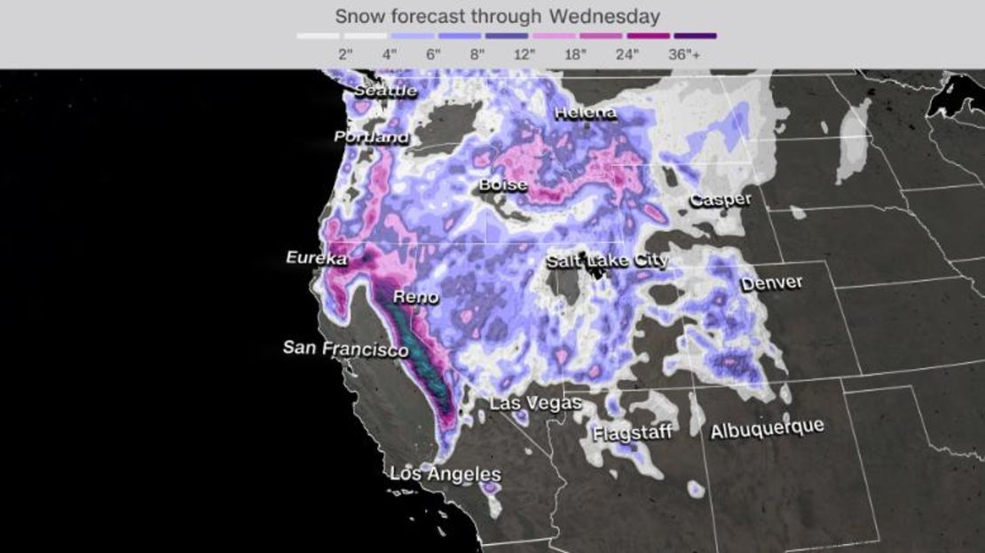 El pronóstico de la caída de nieve hasta el miércoles. (Los valores están en pulgadas).