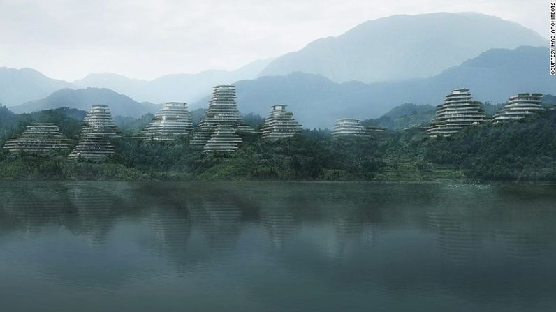 Como en una antigua pintura china, la aldea de montaña de Huangshan se levanta encima del Lago Taiping. La diferencia es que las casas del pueblo se parecen más a cápsulas espaciales y que las montañas están hechas de metal.