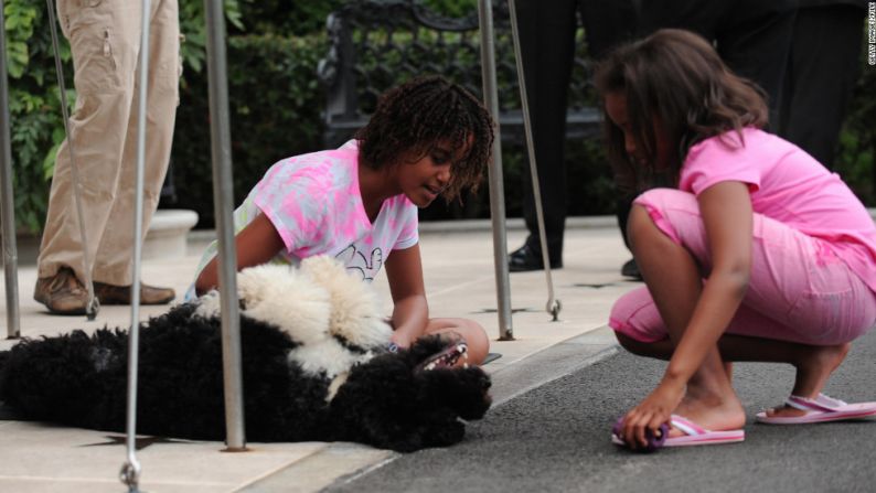 Sasha y Malia juegan con Bo mientras esperan que el helicóptero en el que llega su padre aterrice en la Casa Blanca en septiembre de 2009.