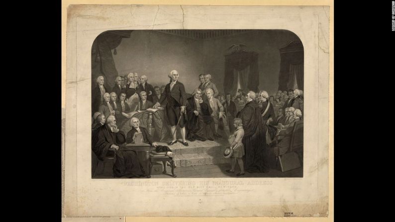 George Washington pronunció su discurso inaugural en Salón Federal de Nueva York en abril de 1789. La toma de posesión fue 13 años después de la Declaración de Independencia y más de un año y medio después de la ratificación de la Constitución.