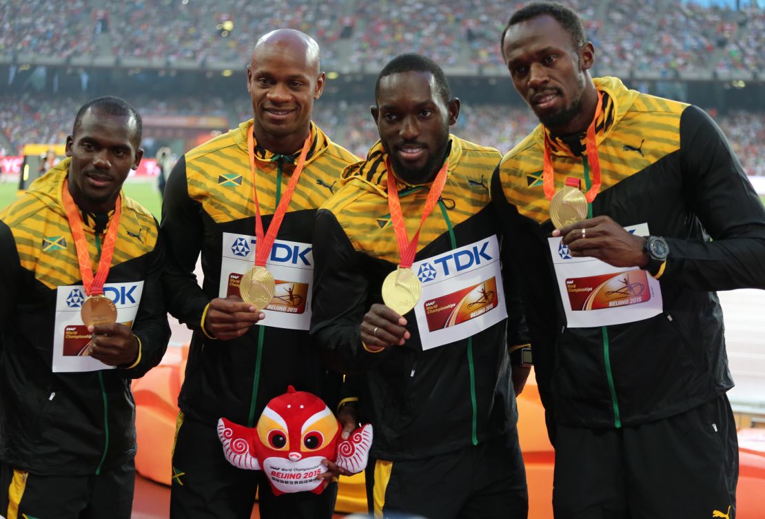 El equipo ganador jamaiquino de los 4 x 100 en los mundiales de Beijing 2015. De izquierda a derecha: Nesta Carter, Asafa Powell, Nickel Ashmeade y Usain Bolt. Giuliano Bevilacqua/Corbis via Getty Images)