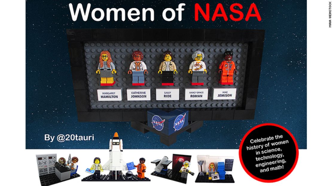 El set "Mujeres de la NASA" fue diseñado por la escritora científica Maia Weinstock y representa a cinco mujeres pioneras en el programa espacial de Estados Unidos.