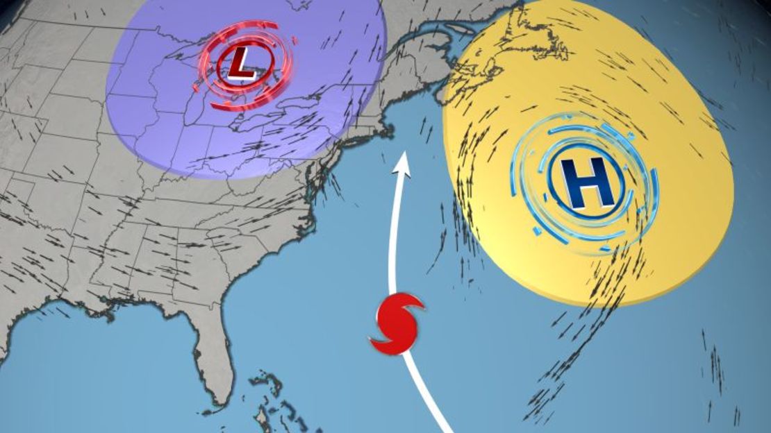 La trayectoria potencial de Lee la próxima semana vendrá determinada por múltiples factores atmosféricos, incluida una fuerte zona de altas presiones al este (círculo amarillo) y la corriente en chorro (flechas plateadas) al oeste.