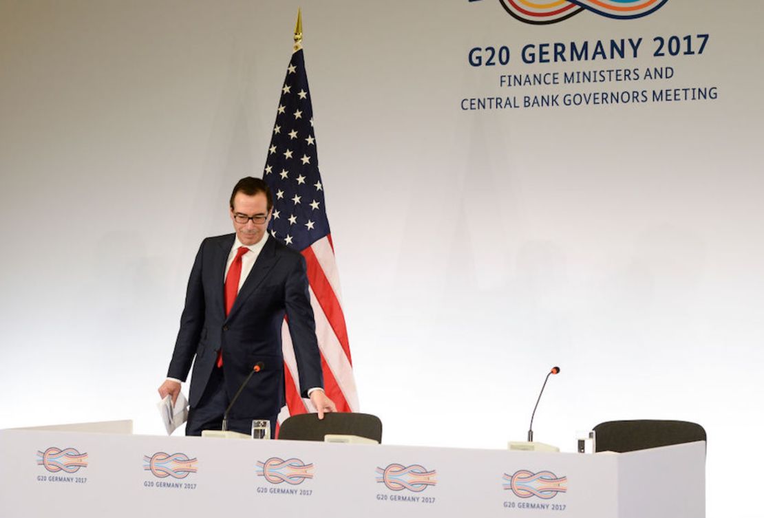 El secretario del Tesoro de Estados Unidos, Steven Mnuchin, durante una conferencia en la reunión del G20 en Baden-Baden, Alemania.