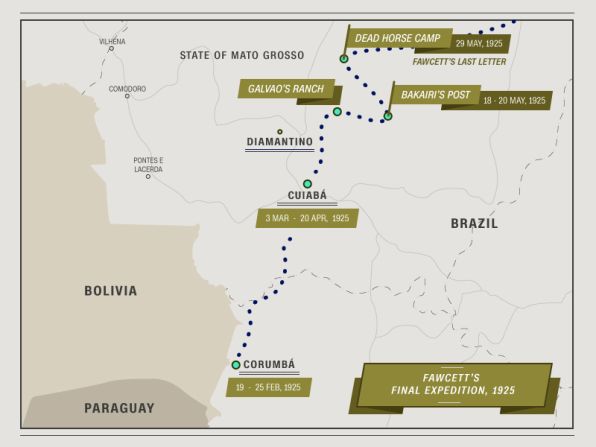 La última expedición de Fawcett salió en febrero de 1925 de Corumba, en la frontera boliviana, y llegó a Cuiabá, en Brasil, el 3 de marzo. Luego siguió al este, hacia un puesto de los indígenas Bakairi, en camino a una granja cuyo dueño era un amigo de Fawcett, a la que llegarían el 18 de mayo. Pero nunca llegaron.