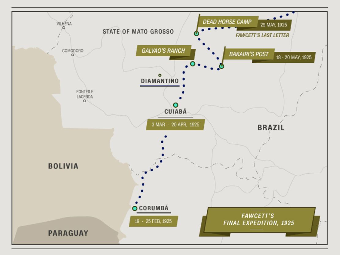 La última expedición de Fawcett salió en febrero de 1925 de Corumba, en la frontera boliviana, y debía llegar a la granja de Hermenegildo Galvao, el 18 de mayo.