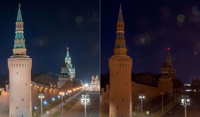 Las torres del Kremlin en Moscú, Rusia, antes y después de apagar sus luces. El compromiso es apagar las luces entre las 20:30 y las 21:30 horas del 25 de marzo.