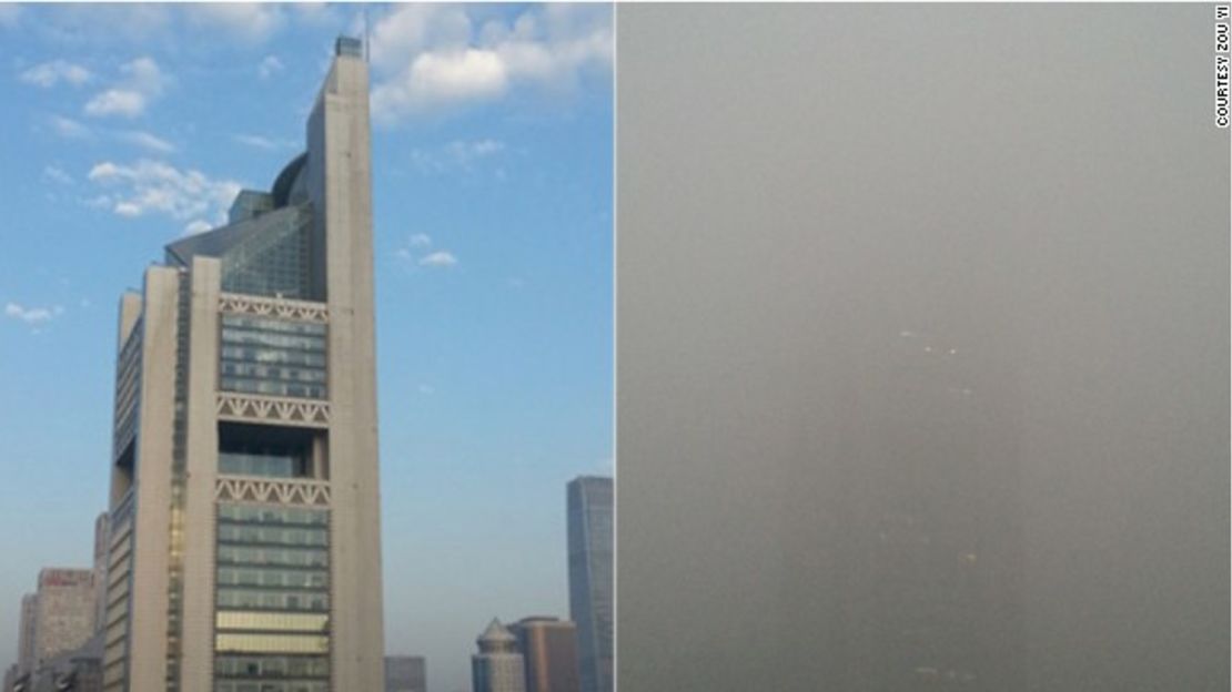 La vista desde la casa de Zou Yi en Beijing el 27 de septiembre de 2015, a la izquierda, y la misma vista el 1 de diciembre de 2015.