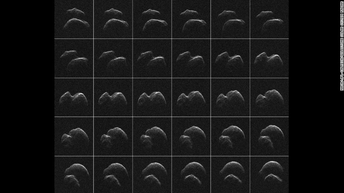 Una cuadrícula formada por 30 imágenes captadas por una radar de la NASA muestra al asteroide 2014 JO25 en sus diferentes rotaciones.