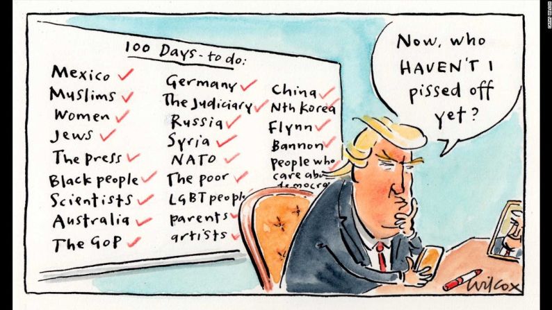 "Ahora, ¿a quién no he molestado aún?". Cathy Wilcox es una caricaturista australiana que ha trabajado para The Sydney Morning Herald desde 1989.