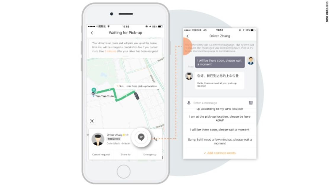 Los clientes de Didi que no leen ni hablan chino pueden intercambiar mensajes con los conductores a través de una función de traducción en tiempo real.