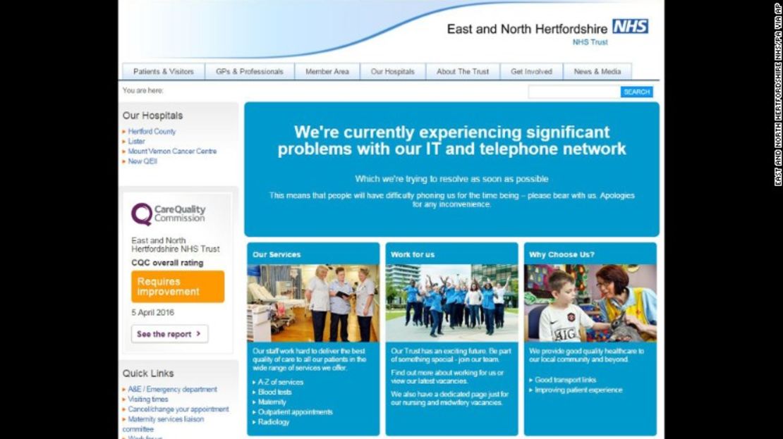 Los hospitales de NHS reportaron los problemas en su sitio web.