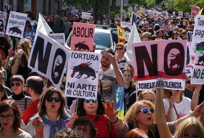 La protesta, según la campaña, se organizó debido a que el 11 de mayo comenzó en Madrid la Feria de San Isidro, en la que se realizarán 27 corridas de toros.