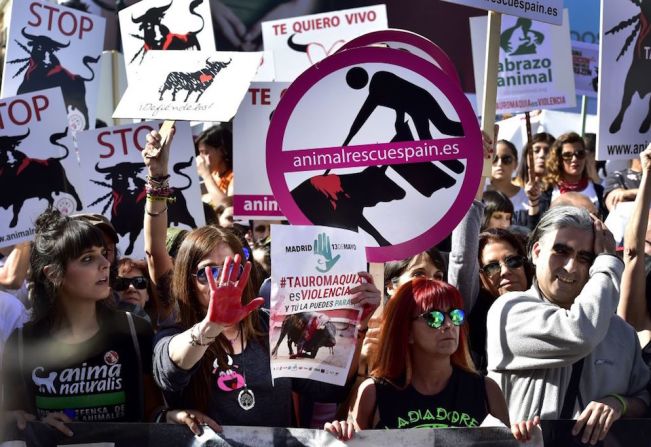 Varias asociaciones defensoras de los animales se congregaron hoy en el centro de Madrid, España, para protestar contra las corridas de toros.