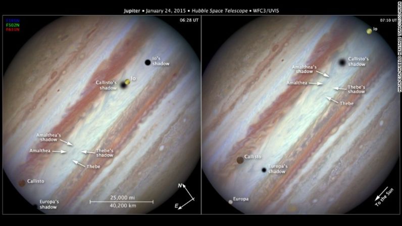 El Telescopio Espacial Hubble capturó imágenes de las tres grandes lunas de Júpiter (Io, Callisto y Europa) pasando rápidamente.