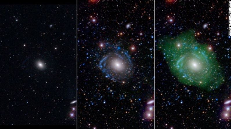 Te presentamos a UGC 1382. Lo que los astrónomos pensaban que era una galaxia elíptica normal (izquierda) se reveló que era una gran galaxia de disco compuesta de diferentes partes cuando se mira con datos ópticos ultravioletas y profundos (centro y derecha). En una inversión completa de la estructura normal de la galaxia, el centro es más joven que su disco espiral exterior.