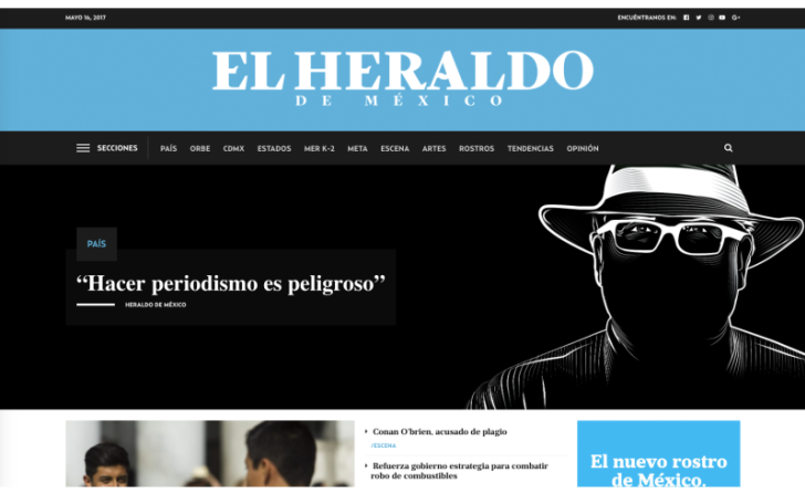 'El Heraldo' de México también dedicó la parte superior de su portal a un homenaje para Javier Valdez con el título: “Hacer periodismo es peligroso”.