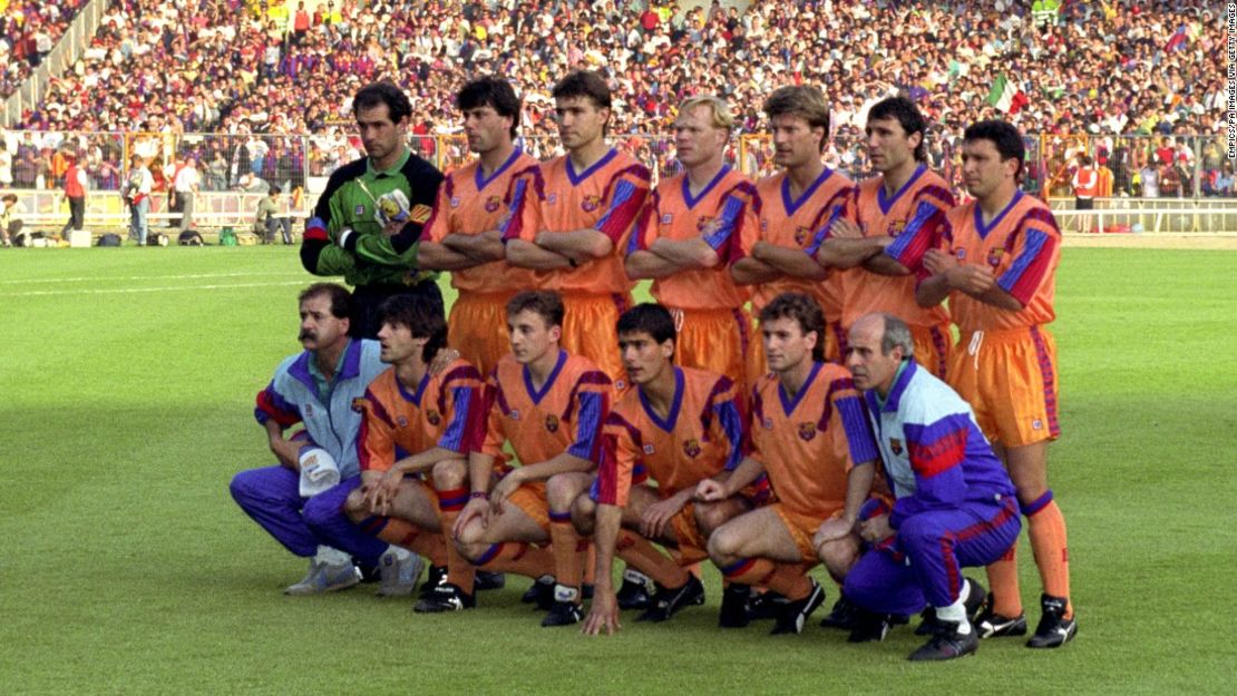 El 11 inicial del Barcelona en Wembley. (En la fila trasera de izquierda a derecha) Andoni Zubizarreta, Nando, Julio Salinas, Ronald Koeman, Michael Laudrup, Hristo Stoichkov, Eusebio Sacristán. (Fila delantera de izquierda a derecha) José Mari Bakero, Albert Ferrer, Josep Guardiola, Juan Carlos.