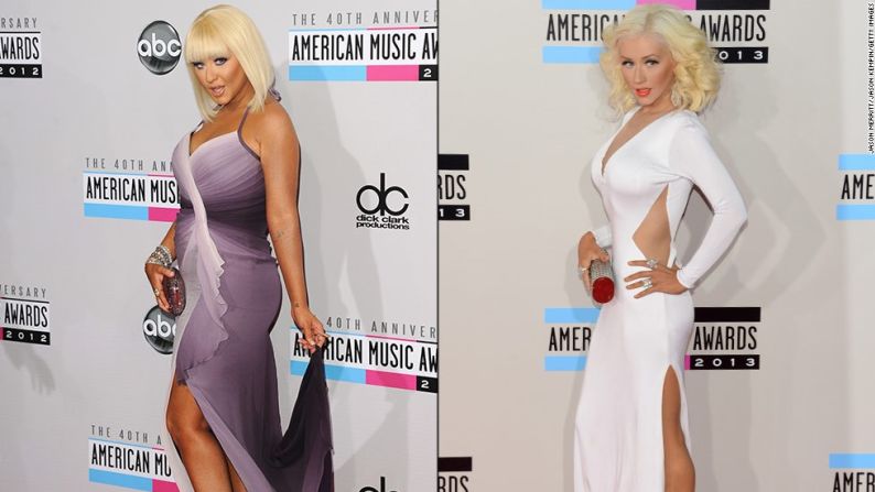 Christina Aguilera llamó la atención en la alfombra roja de los American Music Awards por dos años consecutivos. En la ceremonia de premiación de 2013, Aguilera sorprendió a los espectadores cuando llegó con un vestido blanco ajustado con reveladoras aberturas, mostrando una imagen muy diferente a su voluptuosa apariencia en el evento de 2012.