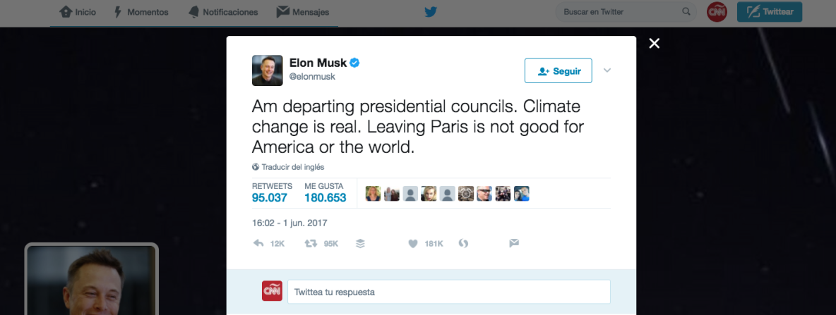 Elon Musk, director ejecutivo de Tesla: "Me retiro de los consejos asesores presidenciales. El cambio climático es real. Salirse de París no es bueno para EE.UU. ni el mundo"