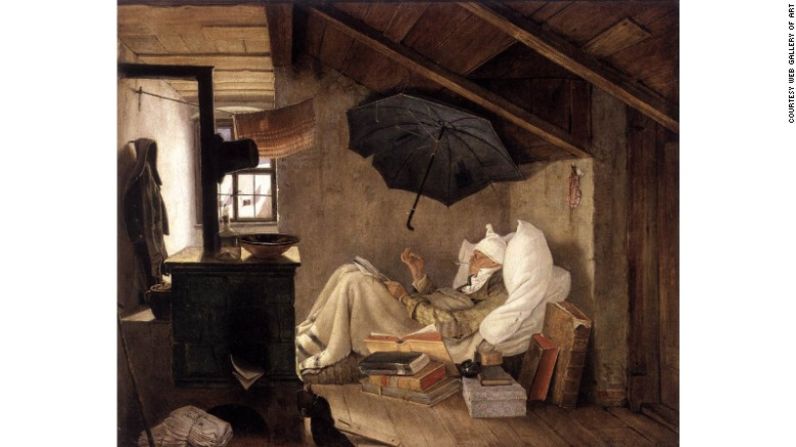 "El Poeta Pobre" (1839) de Carl Spitzweg. Favorita de Hitler, la de Spitzweg era una pintura romántica algo kitsch que tiene una de las historias más extrañas y raras de los robos de arte. Fue robada en 1976 por el artista intérprete o ejecutante Ulay, que la tomó de la Galería Nacional de Berlín y la colgó en la pared en el hogar de una familia turca inmigrante pobre como parte de lo que él llamó una "acción política". Inmediatamente llamó al museo y se entregó, explicando que lo hizo como una forma de protesta política. La pintura fue devuelta, pero fue robada otra vez en 1989 (no por Ulay), y nunca se ha recuperado.