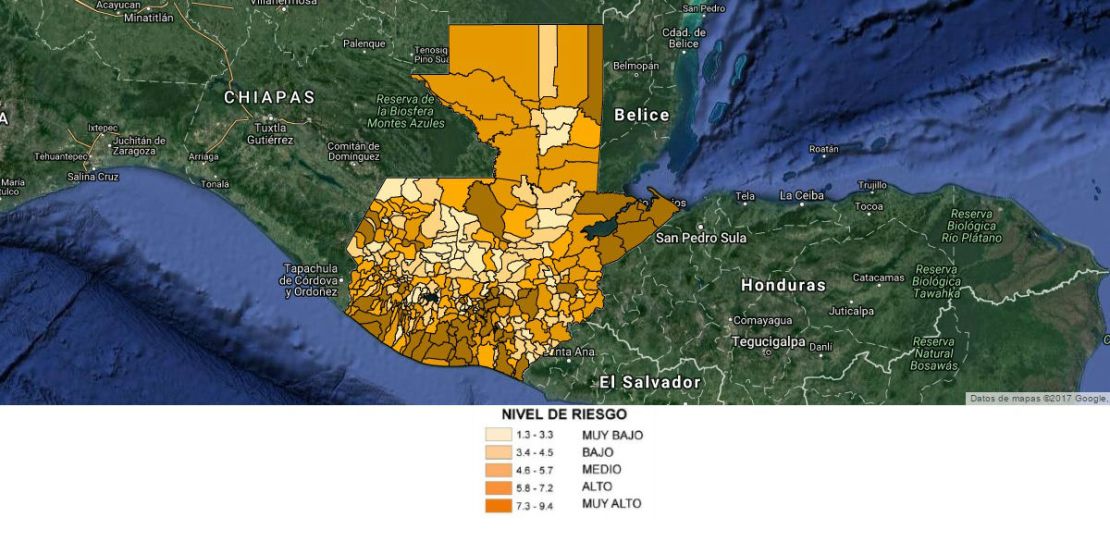 Mapa de riesgo sísmico en Guatemala.