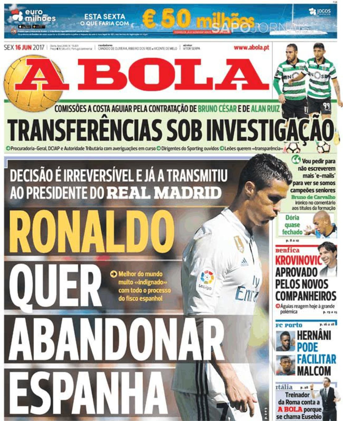 Portada del diario portugués A Bola