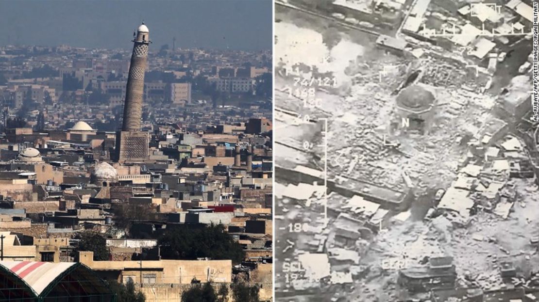 Imágenes del antes y el después de la destrucción de la Gran Mezquita de al-Nuri