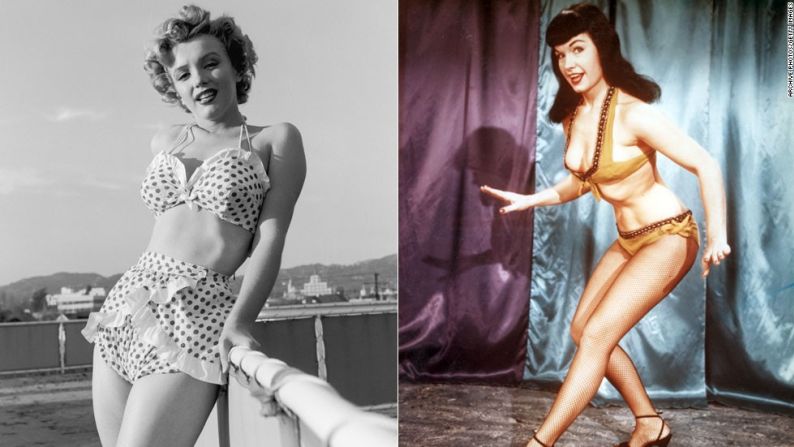 Los bikinis en la década de 1950 les ofrecieron el soporte estructurado de ropa interior a las mujeres con figuras voluptuosas, como Marilyn Monroe, a la izquierda en una imagen de 1951, y a Bettie Page, retrato de 1955.