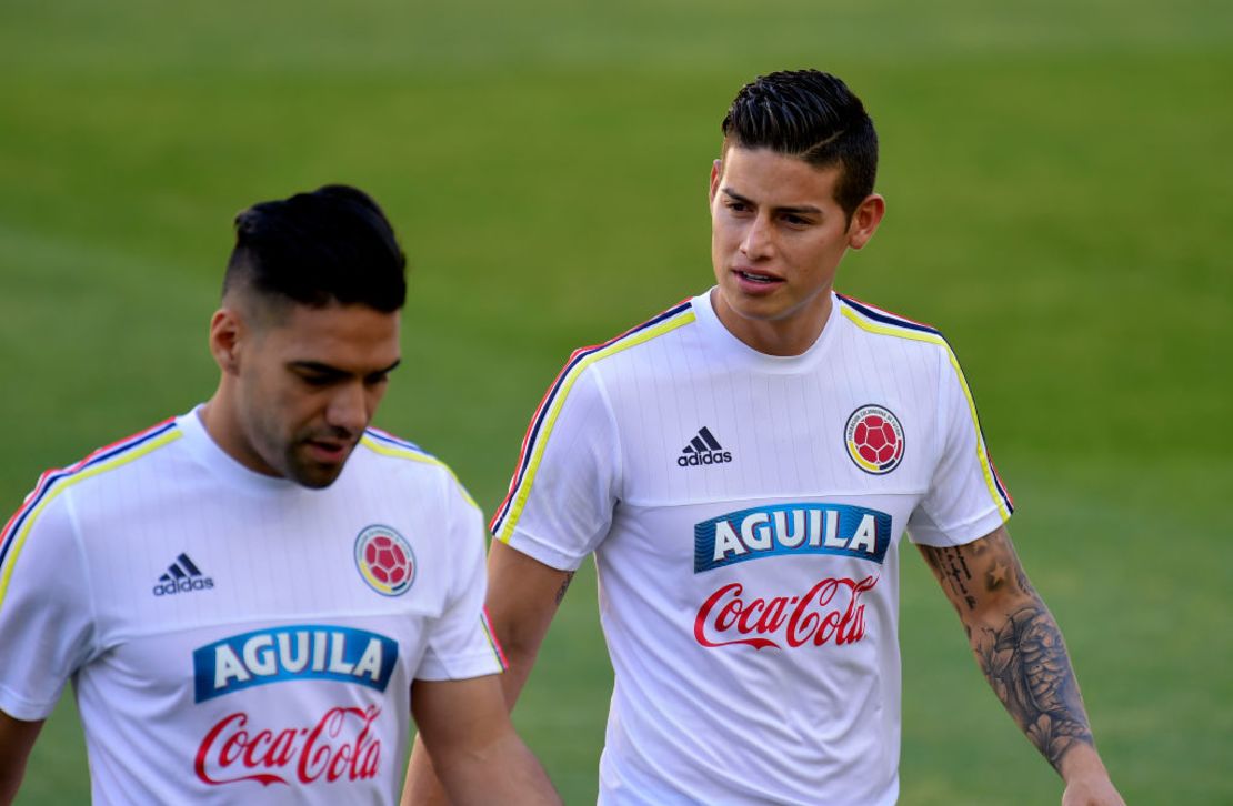 James Rodríguez y Falcao durante un entrenamiento de la selección Colombia.