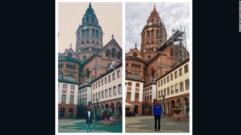 Aquí, Werner recrea la foto original en la Catedral de Mainz.