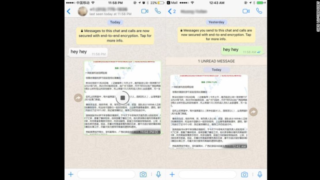 A la izquierda, la imagen cuando empieza a descargarse una imagen por WhatsApp, en China. A la derecha, la imagen ya descargada, 13 horas después.