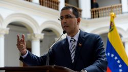 Venezuelan Foreign Minister Jorge Arreaza offers a press conference after holding a meeting with members of some diplomatic corps, at the Foreign Ministry in Caracas on August 19, 2017.
Venezuela's new pro-government constitutional authority declared Friday it was seizing power from the opposition-led legislature, tightening President Nicolas Maduro's grip on the country in defiance of international outrage. It was the latest maneuver in a deadly political crisis that has seen Maduro branded a dictator by opponents, whom he in turn accuses of plotting with the United States to overthrow him. The opposition-led National Assembly rejected the move.
 / AFP PHOTO / Federico PARRA